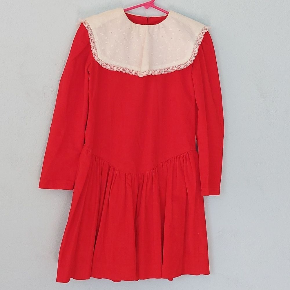 Vintage Handmade Tailored Red Corduroy Dress with White Eyelet Collar